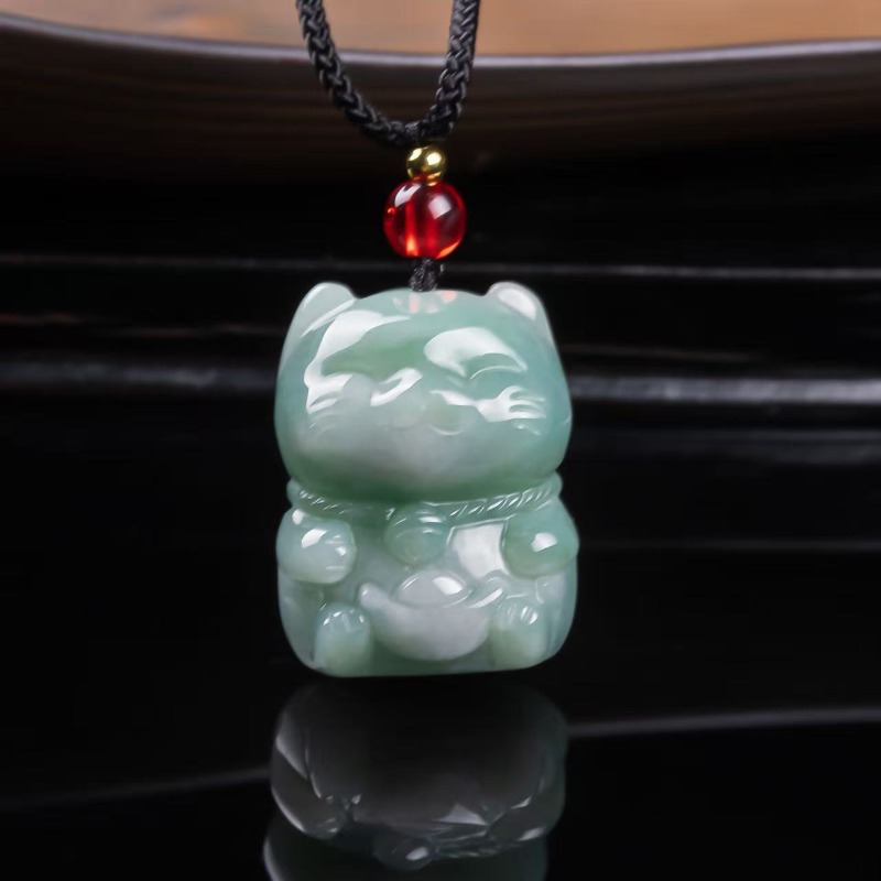 Jewelry & Watches Vitopoulos - Natürlicher Smaragd-Jade Glückskatze Anhänger Myanmar Jadeit
