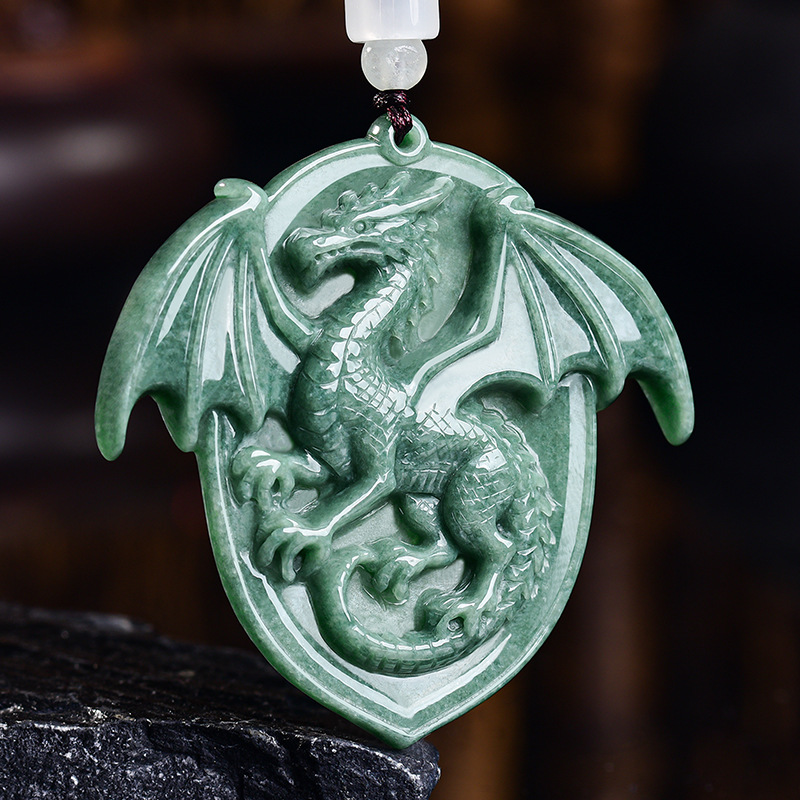 Jewelry & Watches Store - Natürliche burmesische Jadeit-Drachen-Anhänger-Halskette, Edelstein-geschnitztes Amulett, Vintage-Luxus,