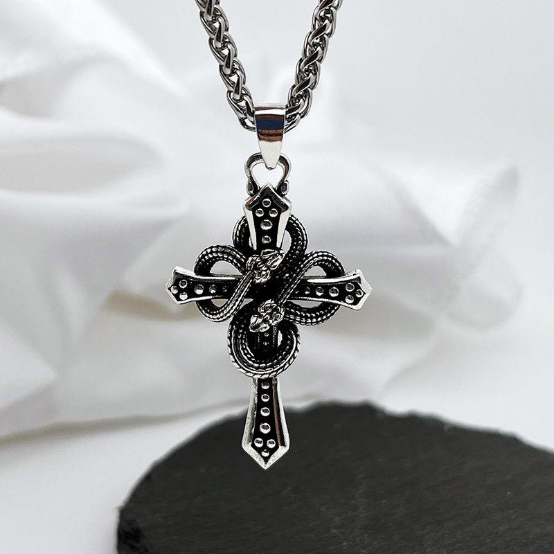 Hip Hop Chain Necklace - Vintage zweifarbige Schlangen-Halskette mit Dornenkreuz-Anhänger für
